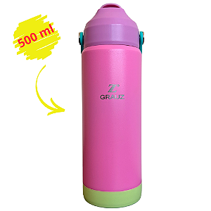 GARRAFA TÉRMICA KIDS GRAUZ ROSA 500 ML COM TAMPA E CANUDO