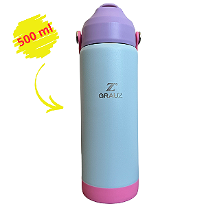 GARRAFA TÉRMICA KIDS GRAUZ AZUL E ROSA 500 ML COM TAMPA E CANUDO