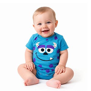 Body Bebê Sulivan Monstrinho Azul Divertido em Algodão | Dinococois
