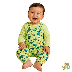 Jardineira Bebê Menino Dinossauro com blusa Manga Longa Verde
