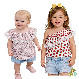 Blusa Infantil Ombro a Ombro Floral com Babado em Renda – Dinococois