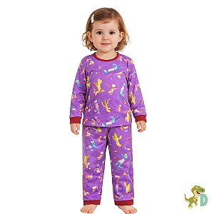 Pijama Infantil Manga Longa Estampa Divertida em Suedine – Dinococois