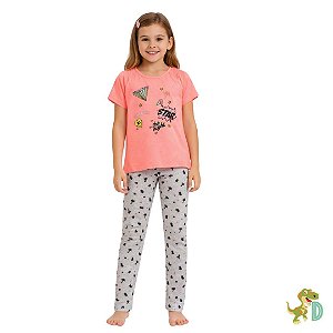 Pijama Infantil Menina Manga Curta com Calça Estampada – Dinococois