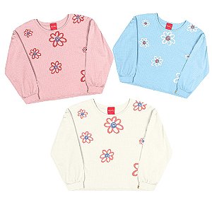 Blusa Infantil Feminina Manga Longa Floral Confortável – Azul, Rosa e Bege