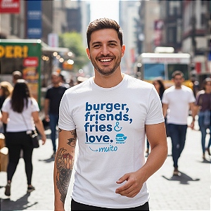 Camiseta Voluntário "Burguer, Friends, Fries & Love"