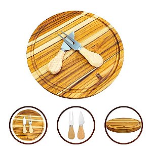 Kit Tábua De Madeira Faca e Garfo Para Queijo