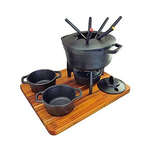 Conjunto Fondue Fogareiro e Cumbucas de Ferro Fundido com Suporte de Madeira