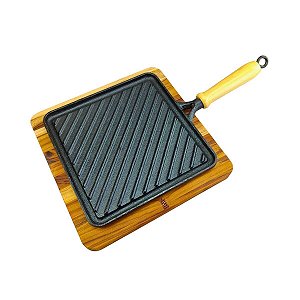 Conjunto Chapa De Grelhar Frisada Com Tábua de Madeira