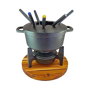 Conjunto Fondue E Fogareiro De Ferro Fundido Com Suporte De Madeira