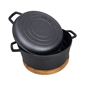 Caçarola De Ferro Fundido 3,8L Com Tampa Frigideira E Base De Madeira