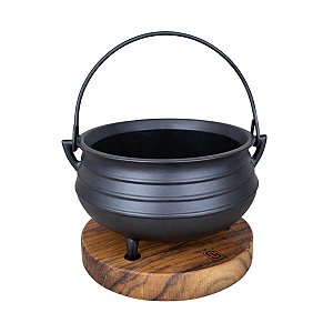 Caldeirão Panela Tripé 600ml De Ferro Fundido Com Suporte De Madeira