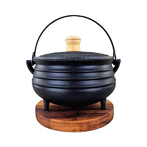 Caldeirão Tripé Com Tampa Panela 1,4 Litros De Ferro Fundido E Suporte De Madeira