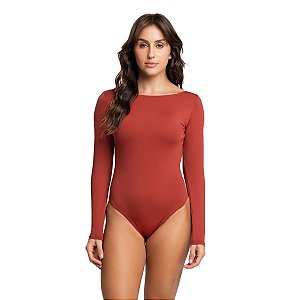 Body Feminino Manga Longa Decote Costas Microfibra Sem Bojo Terracota