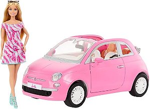 Boneca Barbie com Veiculo Fiat Rosa Mattel HRG59