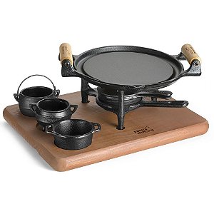 Fogareiro 22,5Cm Com Suporte de Madeira e 3 Molheiras 1248 Panela Mineira