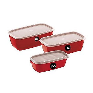 Kit 3 Potes Multiuso Retangular Vermelho Com Tampa