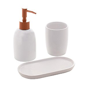 Conjunto 3 Peças Banheiro Cerâmica Londres Branco e Rose