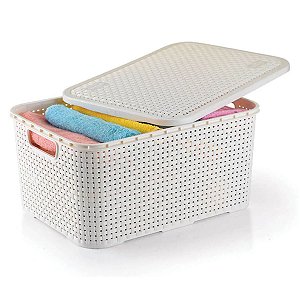 Caixa Organizadora Rattan Grande Branco 16 Litros Com Tampa