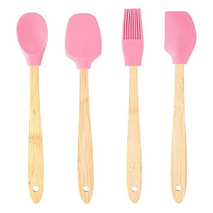 Conjunto 4 Utensílios de Silicone Cabo em Bambu Rosa Lyor