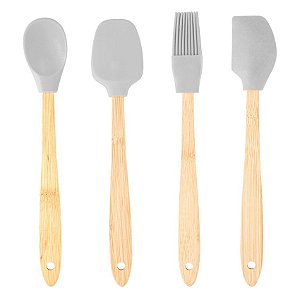 Conjunto 4 Utensílios de Silicone Cabo em Bambu Cinza Lyor