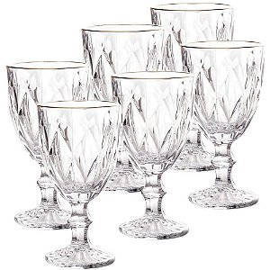 Conjunto 6 Taças Para Água Suco Diamond Fio Ouro 325ml