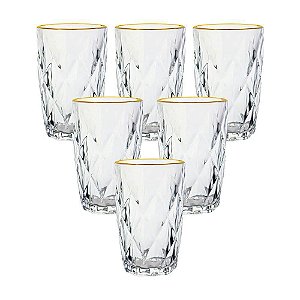 Conjunto 6 Copos Altos de Vidro C/ Fio de Ouro Diamond 350ml