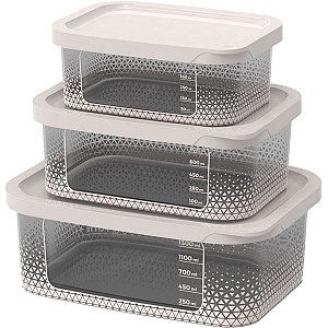 Kit 3 Potes Para Alimentos Transp. Retangular P/M/G C/ Tampa