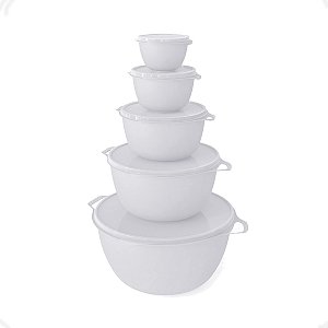 5 Vasilhas Bowl Plástica Pote Alimento Tampa BPA free Branco