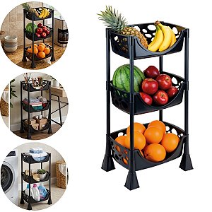 Cesto Fruteira Organizador Vazado 3 Prateleiras Cor Preto