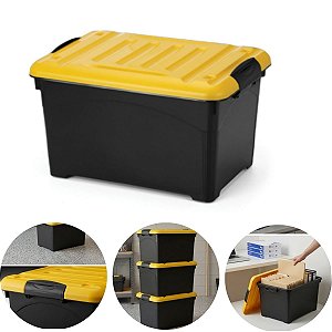 Caixa Organizadora Empilhável Tampa C/ Trava Amarela 65 Lts