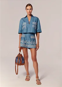 camisa curta mangas 3/4 denim chambray