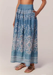Saia Longa Pregas Denim Chambray Full Bordado