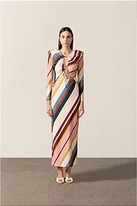 Vestido Longo Decote Franzido Listras Diagonais