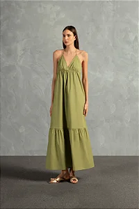 VESTIDO LONGO COM BABADOS GIARDINO LISO VERDE PISTACHE