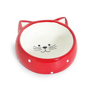 Comedouro Porcelana Face Cat para Gatos - Vermelho/Branco