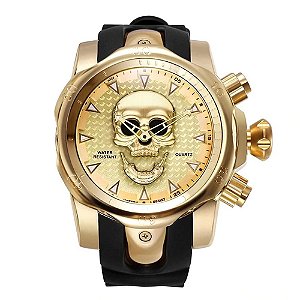 Relógio Masculino Big Dial Skull - Dourado com Preto - Aço Inox