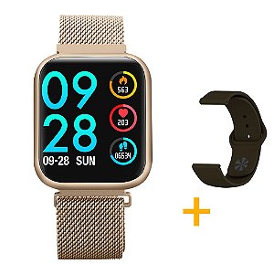 Relógio Eletrônico Smartwatch CF P80 - Gold + Pulseira Extra Silicone Marrom - Android e IOS