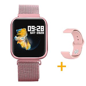 Relógio Eletrônico Smartwatch CF P80 - Rosé + Pulseira Extra Silicone Rosa - Android e IOS