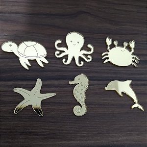 Aplique Fundo do Mar variados 12 unidades acrílico dourado