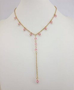CHOKER GRAVATA FOLHEADO A OURO COM PEDRINHAS PENDURADAS