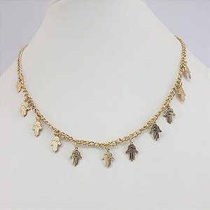 CHOKER FOLHEADO A OURO COM PENDURADOS MÃO DE FÁTIMA