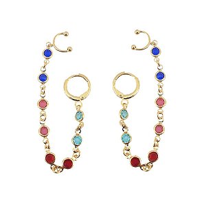 BRINCO ARGOLINHA FOLHEADO A OURO COM PIERCING FAKE E PEDRINHAS COLORIDAS