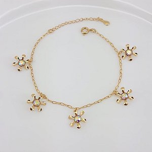 PULSEIRA ADULTO FOLHEADO A OURO COM PENDURADOS EM FLOR COM PEDRINHA