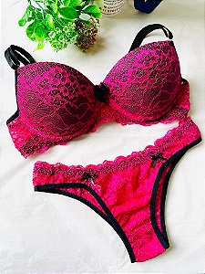 Conjunto de Renda, Sutiã e Calcinha, Pink com Preto