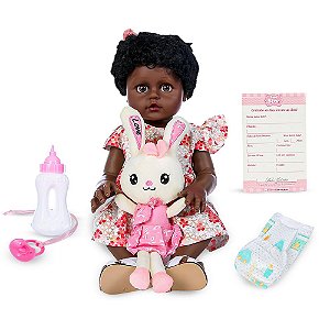 Boneca Bebê Reborn Negra Vinil Realista com Acessórios 45 cm - Barra Rey