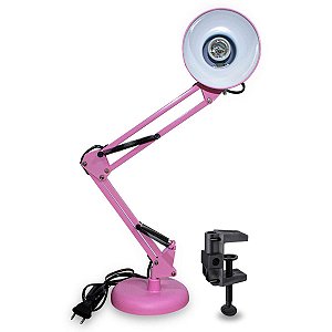 Luminária E27 Abajur Articulável Com Base e Garra Mesa Rosa