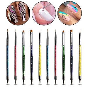 Kit 10 Pincéis e Boleadores Coloridos Design de Unhas Alongamento Desenhos Nail Art Manicure Designer