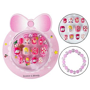 Unha Postiça Infantil Pequena 12 Und Autocolante + Pulseira Miçanga Colorida