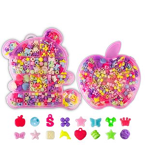 Kit 2 Maletas Fábrica Ursinho Mação Biju Infantil Miçanga Colorida Colar Pulseira Fios de Nylon