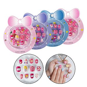 Kit 48 Unha Postiça Infantil Decoração Kids Autocolante + 4 Pulseiras Miçangas